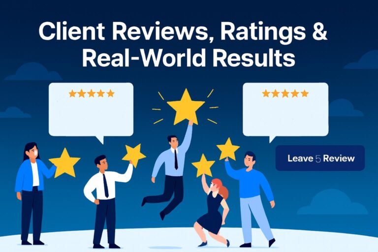 Illustration of diverse professionals holding five-star ratings with client testimonials, representing BhavPro’s trusted delivery across AI, CRM, VoIP, SEO, and web projects.