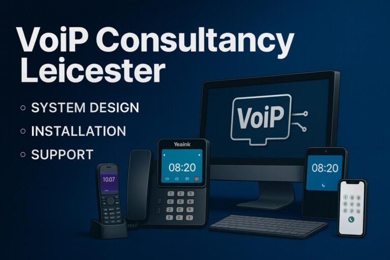 A professional business consultant in Leicester discusses a VoIP phone system plan with a colleague.