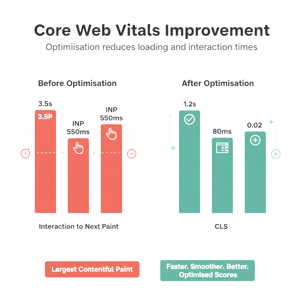 Core Web Vitals improvement after optimisation showing before and after metrics for LCP, INP, and CLS.
