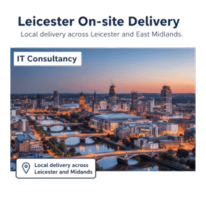 Local delivery across Leicester and East Midlands with a branded city skyline image.