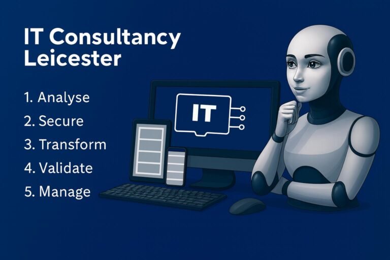Humanoid robot at desk with IT devices, illustrating Leicester consultancy’s five-step process: Analyse, Secure, Transform, Validate, Manage.