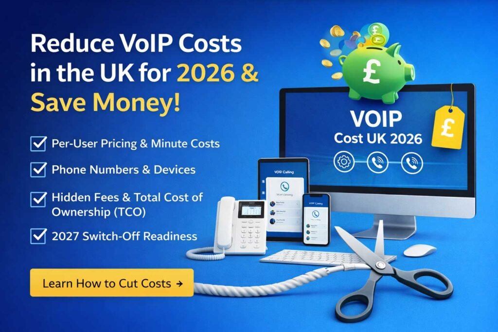 Green piggy bank and VoIP devices promoting UK telecom savings in 2026