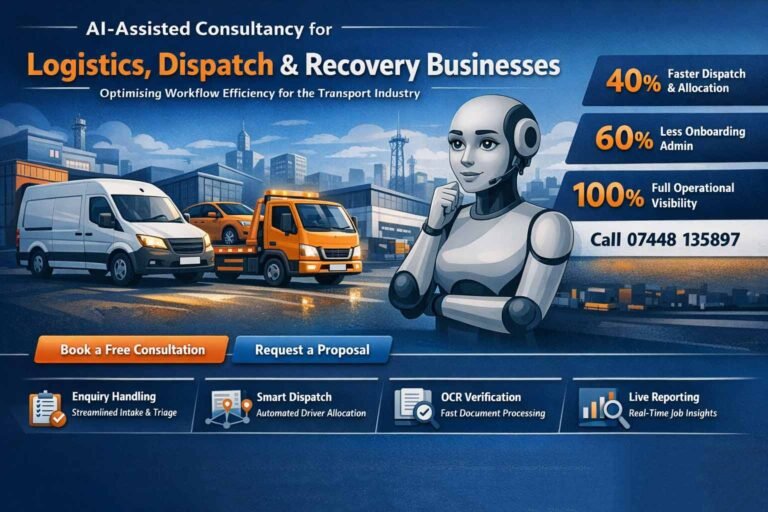 AI-assisted consultancy header image showing logistics van, recovery truck and AI support assistant for dispatch and recovery businesses