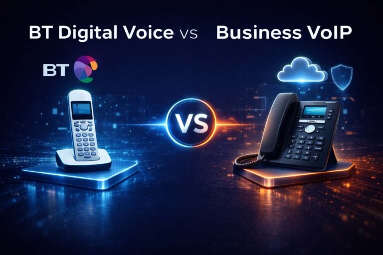 Illustration comparing BT Digital Voice and Business VoIP for UK business phone systems.