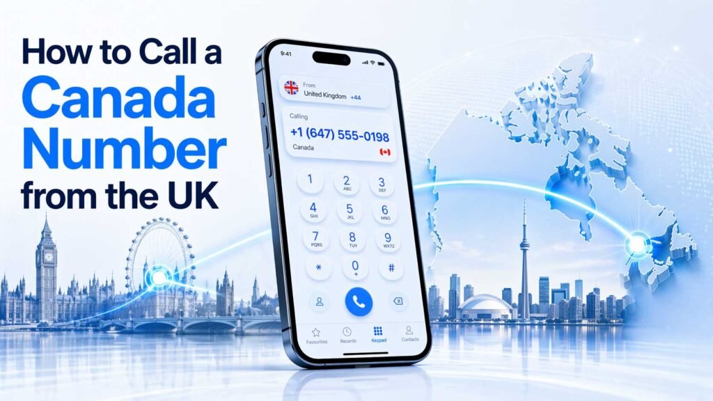 UK to Canada calling concept with smartphone, plus one number format, and subtle Canadian destination visuals.