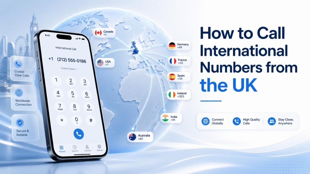 International calling from the UK concept image with globe, smartphone dialling interface, and connections to major countries.