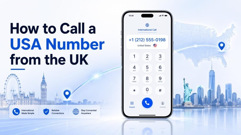 UK to USA international calling concept with smartphone, plus one dialling format, and subtle USA business skyline elements.