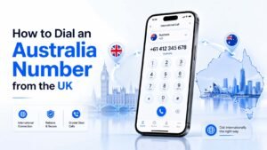 UK to Australia calling concept image with smartphone, plus sixty-one number format, and subtle Australian destination visuals.