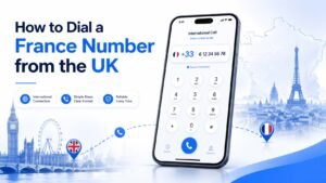 UK to France international calling image with smartphone, plus thirty-three dialling format, and subtle French destination visuals.
