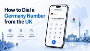 UK to Germany calling concept with smartphone, plus forty-nine dialling format, and subtle German business destination visuals.