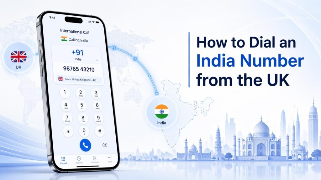 UK to India calling concept with smartphone, plus ninety-one dialling format, and subtle Indian telecom destination visuals.
