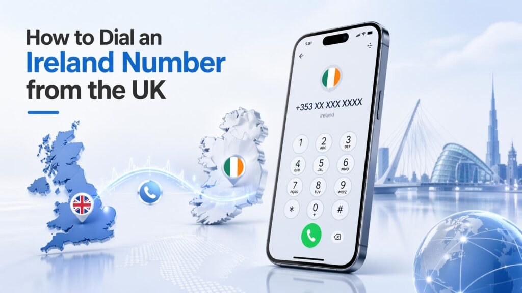 UK to Ireland calling concept with smartphone, plus three five three dialling format, and subtle Irish destination visuals.