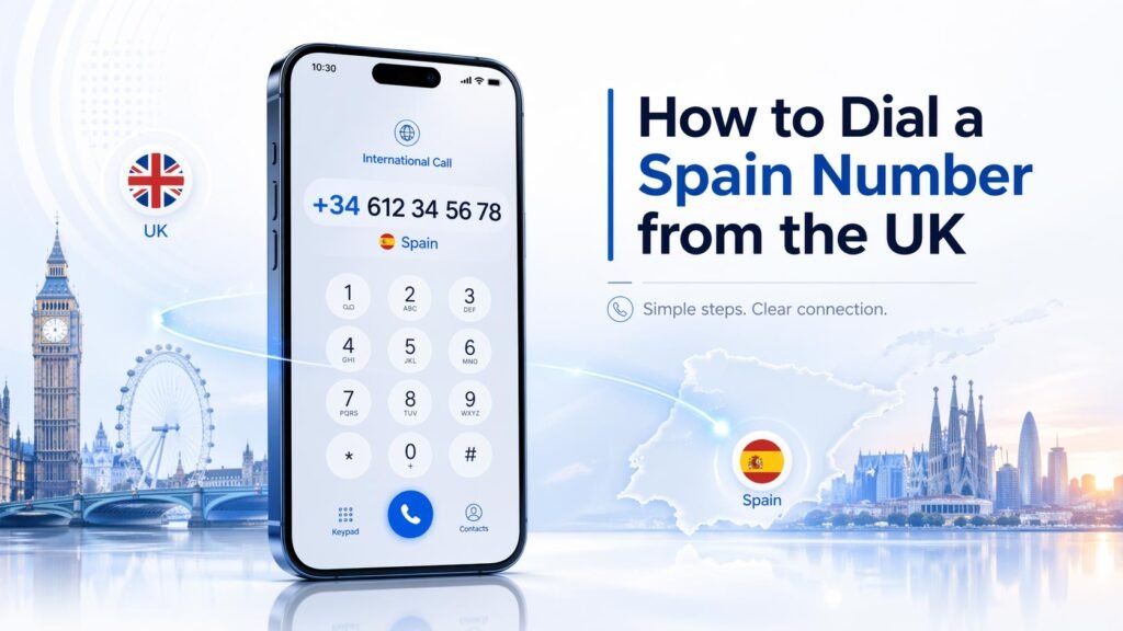 UK to Spain international calling concept with smartphone, plus thirty-four dialling format, and subtle Spanish destination visuals.