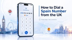 UK to Spain international calling concept with smartphone, plus thirty-four dialling format, and subtle Spanish destination visuals.