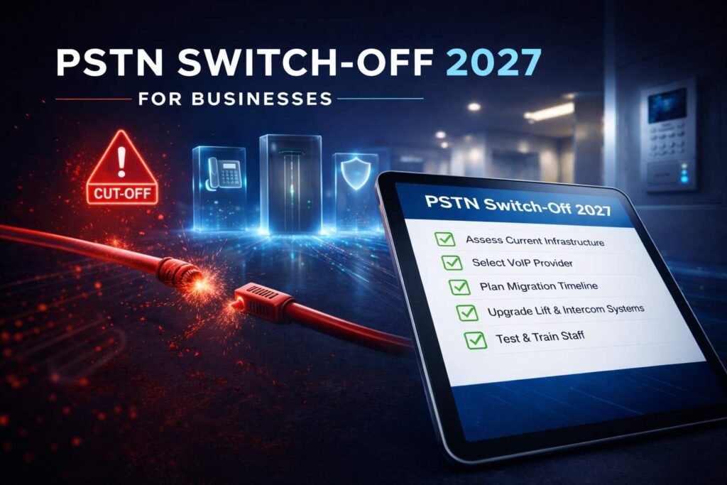 Tablet displaying a PSTN switch-off 2027 migration checklist for businesses with a lift lobby and security intercom in the background.