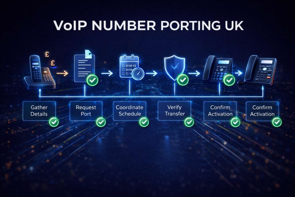 Illustration showing the VoIP number porting process in the UK for business phone systems.