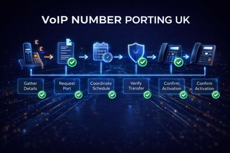 Illustration showing the VoIP number porting process in the UK for business phone systems.
