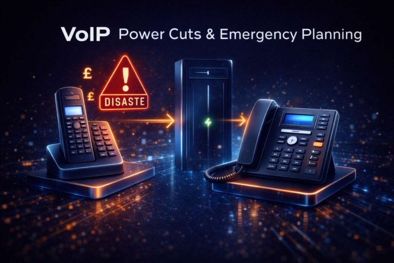 Illustration showing VoIP power cuts and emergency planning for business phone system continuity.