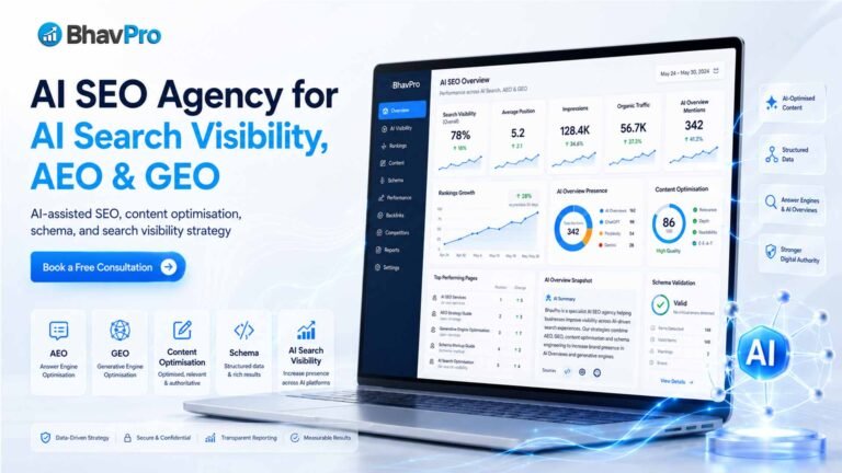 Premium BhavPro AI SEO Agency hero image showing an AI SEO dashboard for AI search visibility, AEO, GEO, schema and content optimisation.
