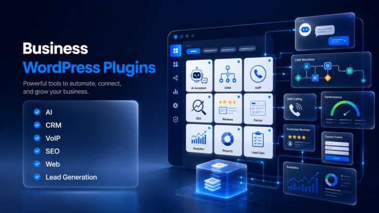 Premium SaaS dashboard visual for BhavPro Business WordPress Plugins showing AI, CRM, VoIP, SEO, reviews, forms, analytics and automation modules.