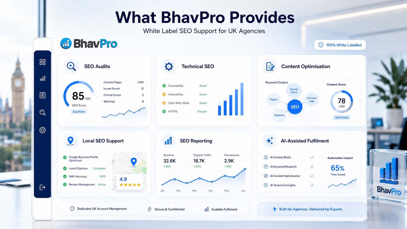 BhavPro white label SEO services dashboard showing SEO audits, technical SEO, content optimisation, local SEO support, SEO reporting and AI-assisted fulfilment.
