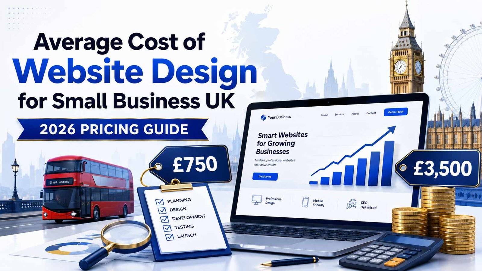 Basic Small-Business Website Design Cost UK — Illustrative 2026 Range Illustrative £750 to £3,500 design range for a basic brochure-style small-business website in the UK in 2026