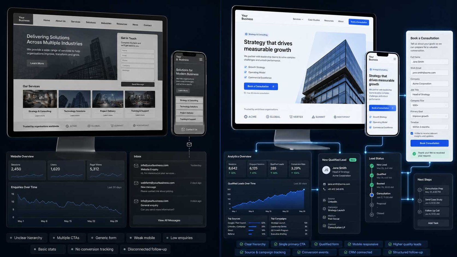 Website workflow showing SEO, service pages, enquiry form, CRM lead record and analytics dashboard