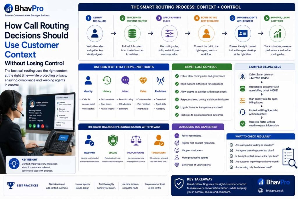 Customer service team using limited CRM context, confidence rules, fallback routing and audit trails to direct business calls.