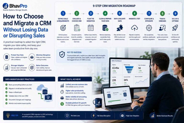 CRM migration team mapping customer, contact, opportunity and activity data with reconciliation, rollback and sales continuity controls.