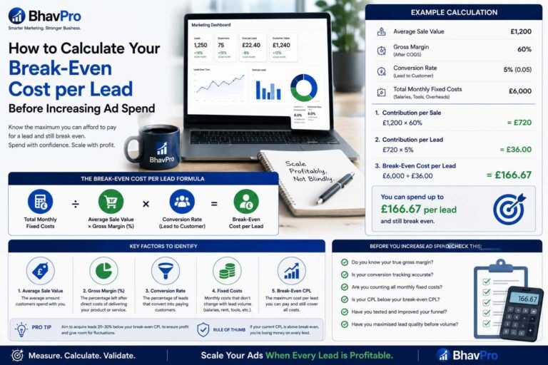 Marketing and finance analysts calculating break-even cost per lead from contribution margin, conversion rate and sales costs.