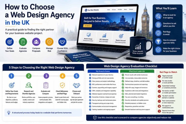UK web design agency selection guide showing proposals, evaluation criteria, project risks and an agency checklist