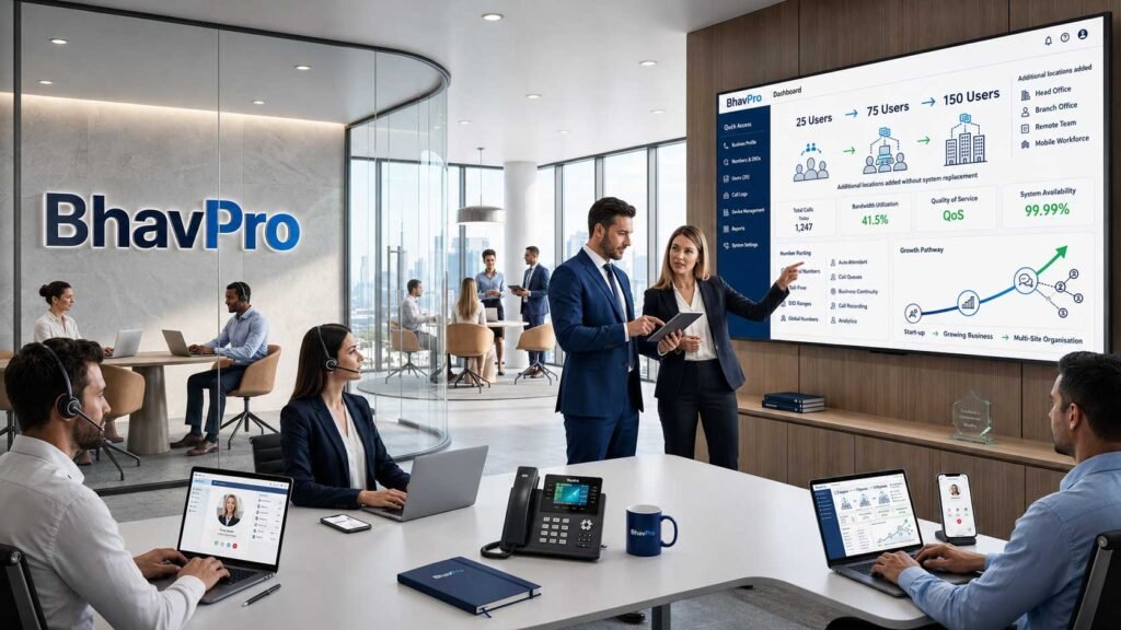 BhavPro team demonstrating a scalable VoIP phone system expanding from 25 to 150 users across offices, remote teams and mobile workers.