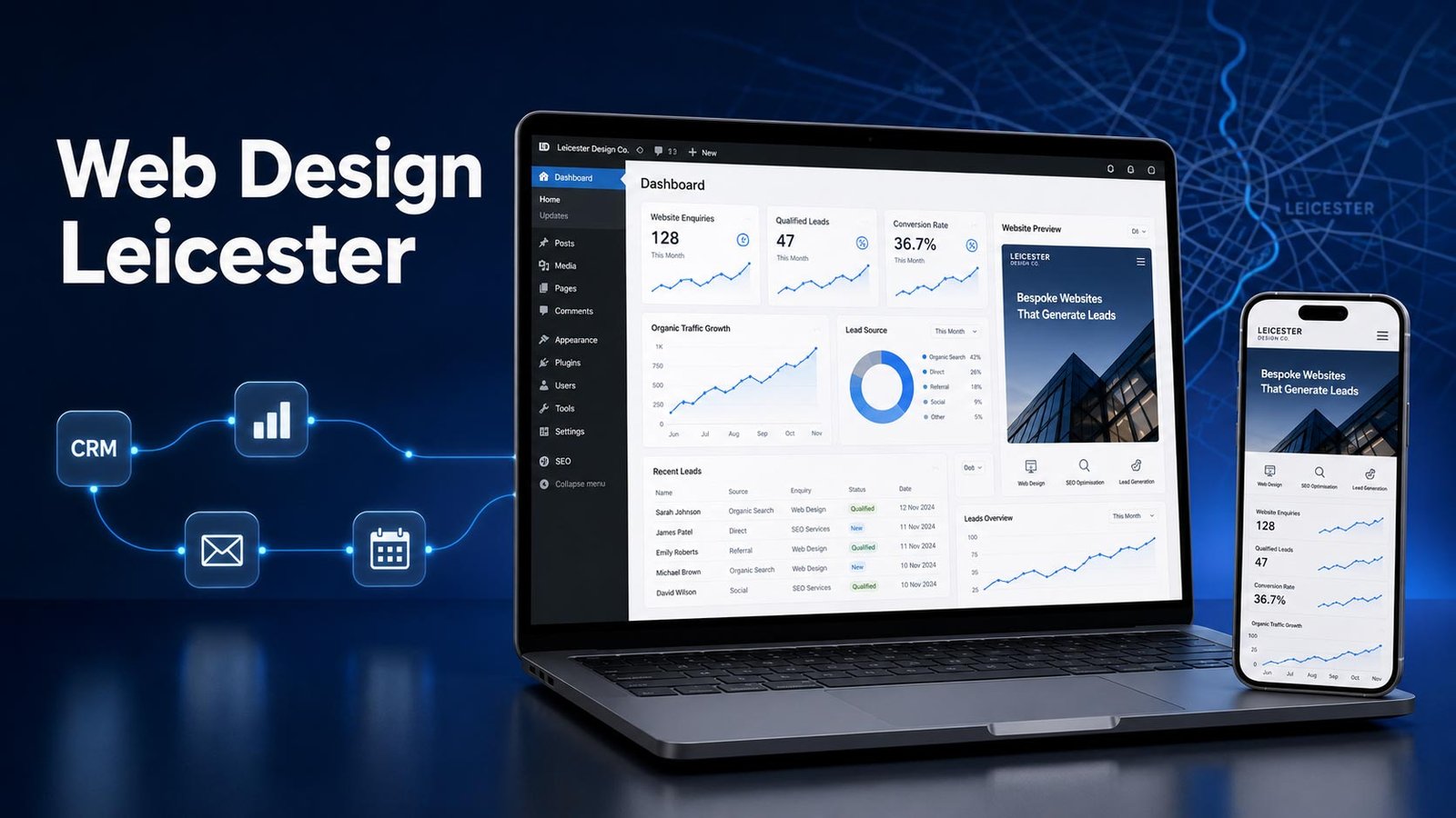 Web Design Leicester hero image showing a responsive WordPress website and lead-generation dashboard on laptop and mobile screens