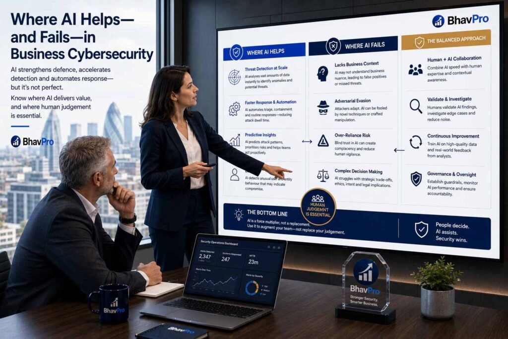 Cybersecurity team comparing useful AI alerts with false positives, missing context and required human security controls.
