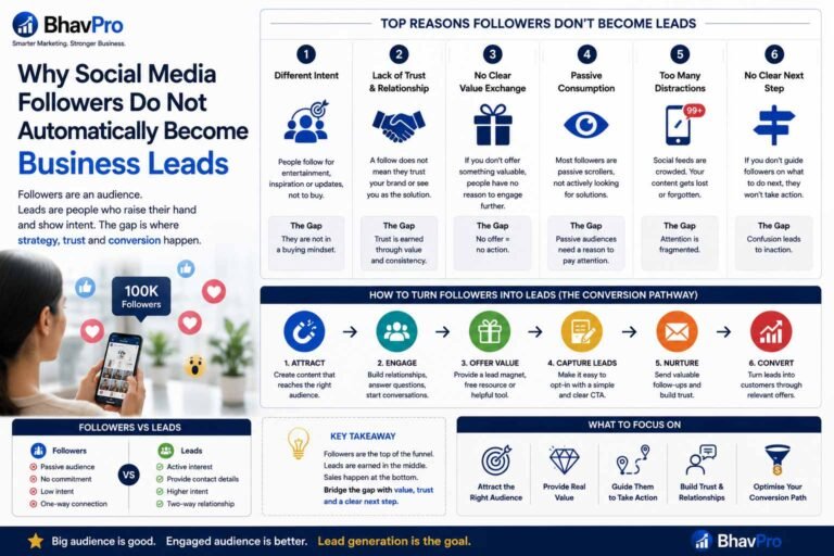 Marketing team tracing the gap between social followers, engaged audiences, enquiries, qualified leads and CRM-recorded sales outcomes.