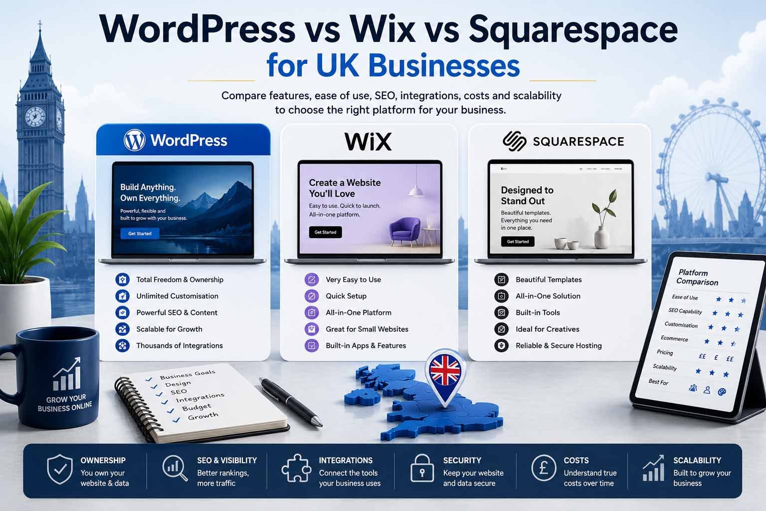 WordPress vs Wix vs Squarespace UK: Business Comparison