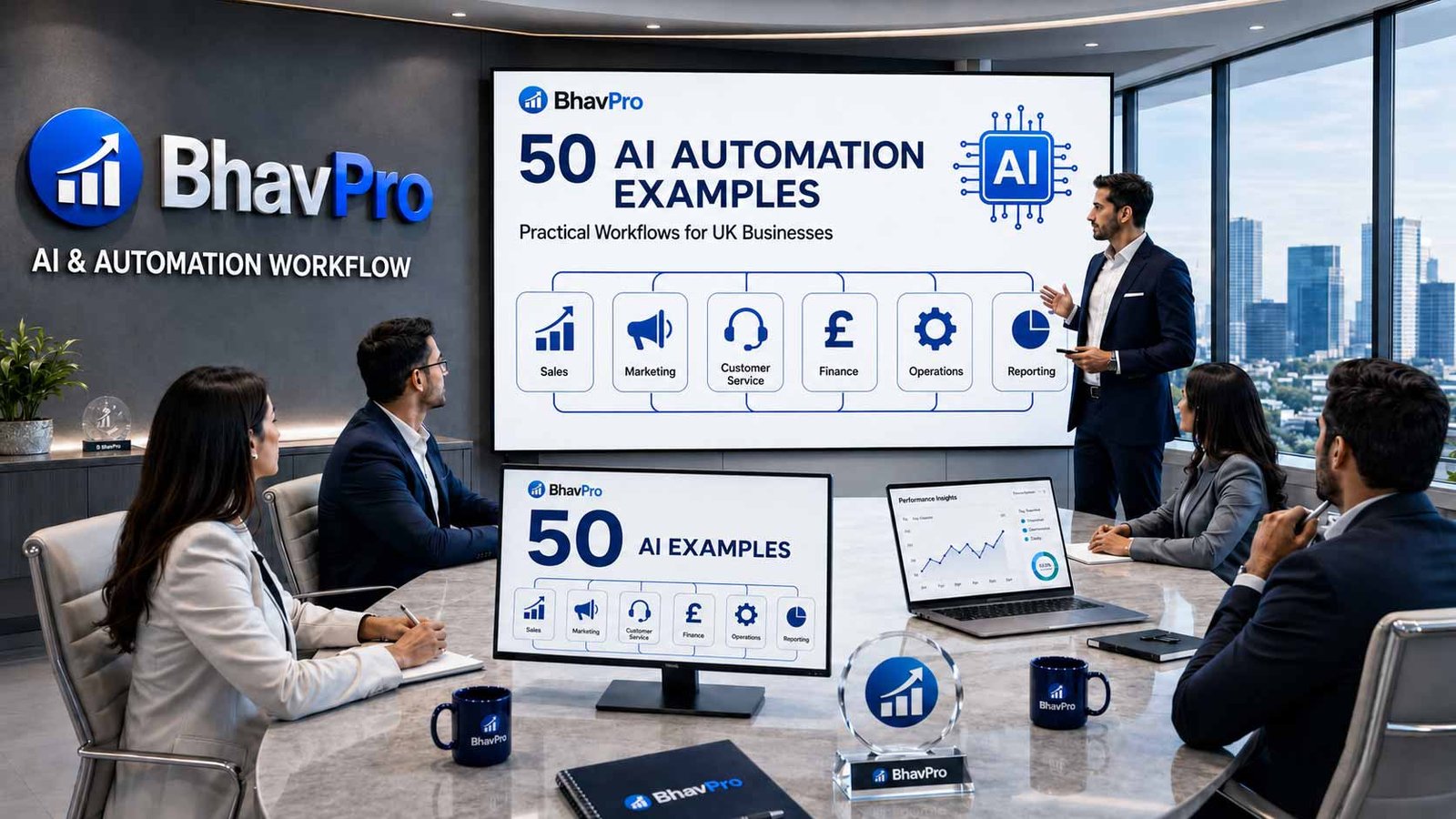 Business team reviewing 50 AI automation examples across sales, marketing, customer service, finance, operations and reporting