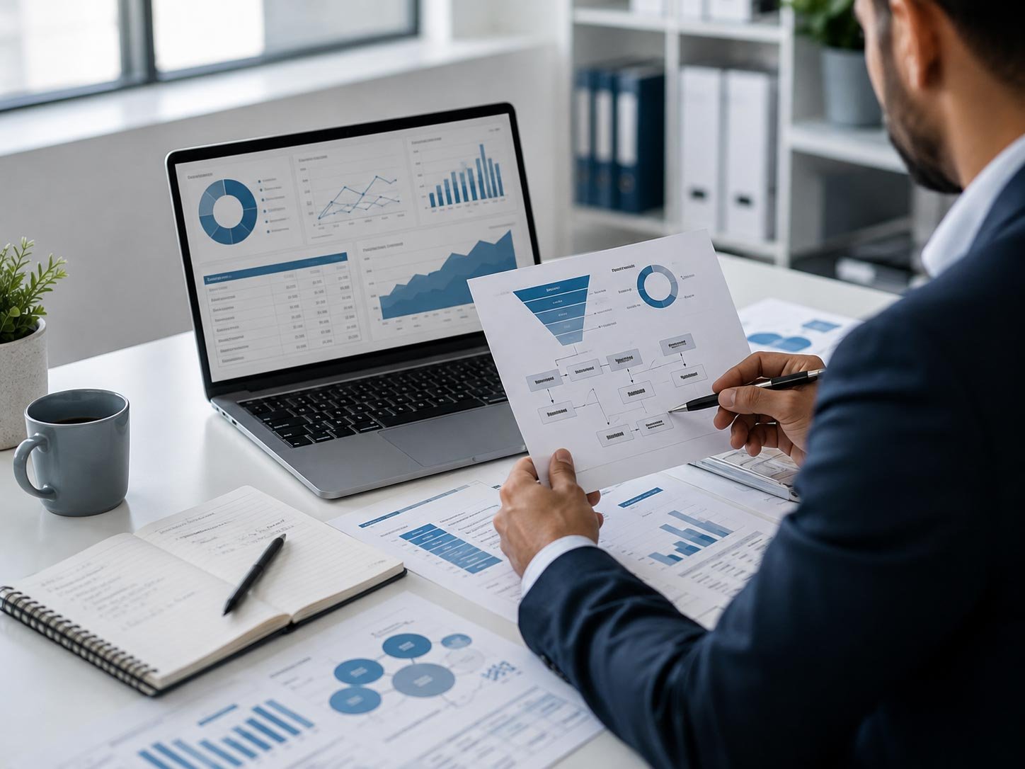 Business performance charts and a laptop being reviewed during a Growth Operations assessment