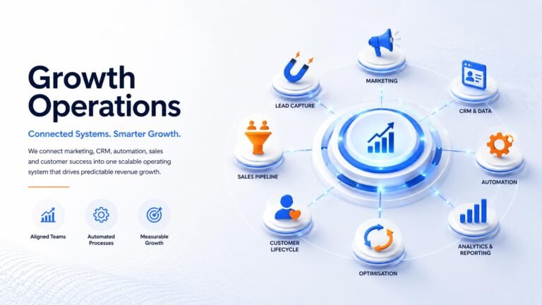 Connected growth operations hero image showing marketing, CRM, automation, sales, customer lifecycle and analytics working together in one business system.