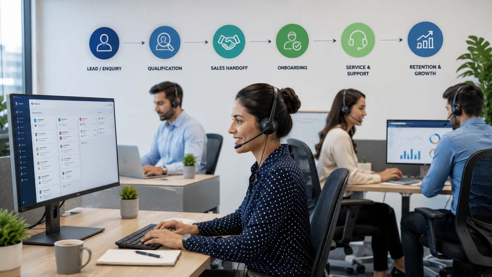 Customer service team handling enquiries as part of a connected lead-to-customer workflow