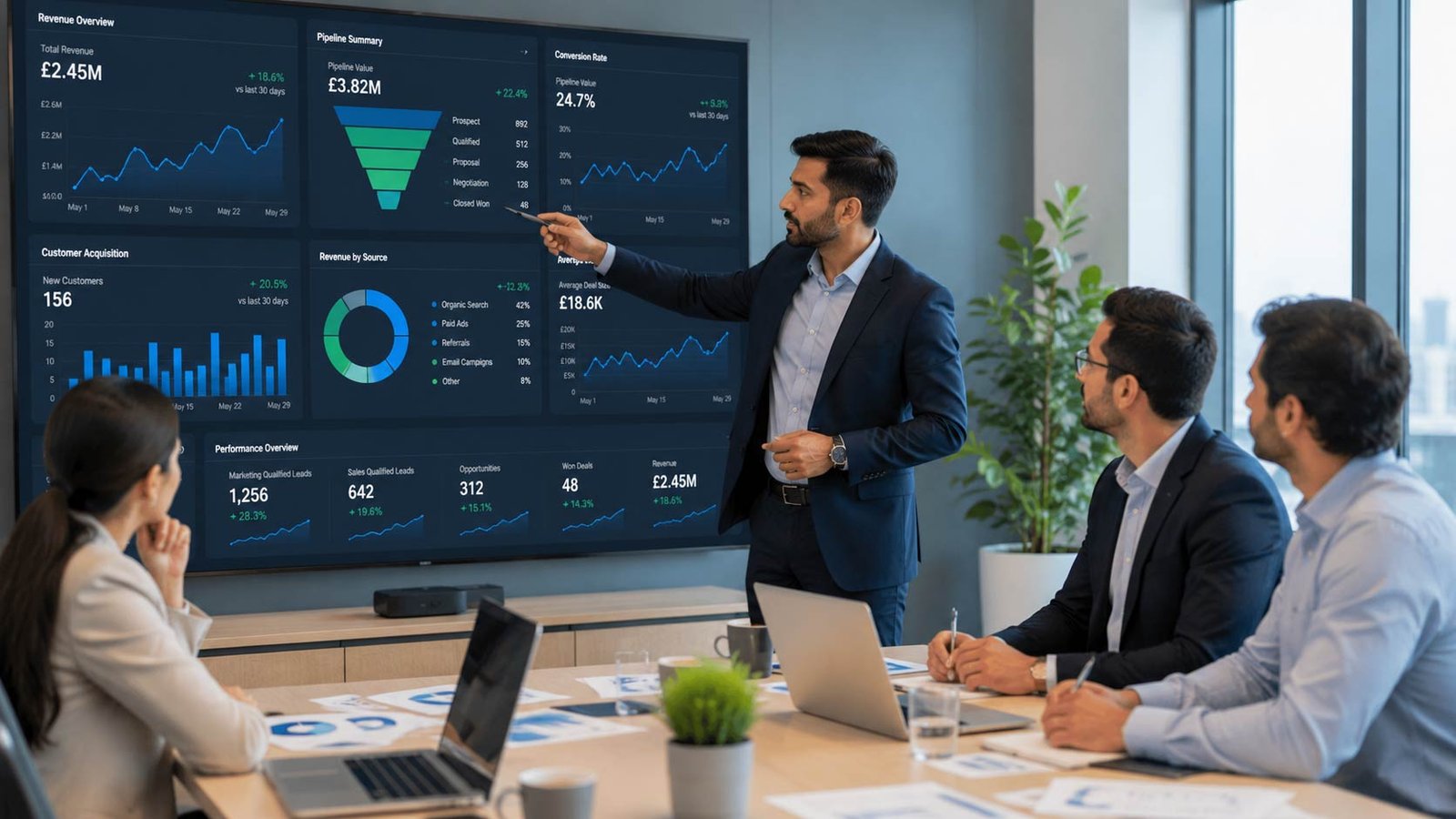 Business professional presenting performance analytics used to measure Growth Operations and revenue outcomes