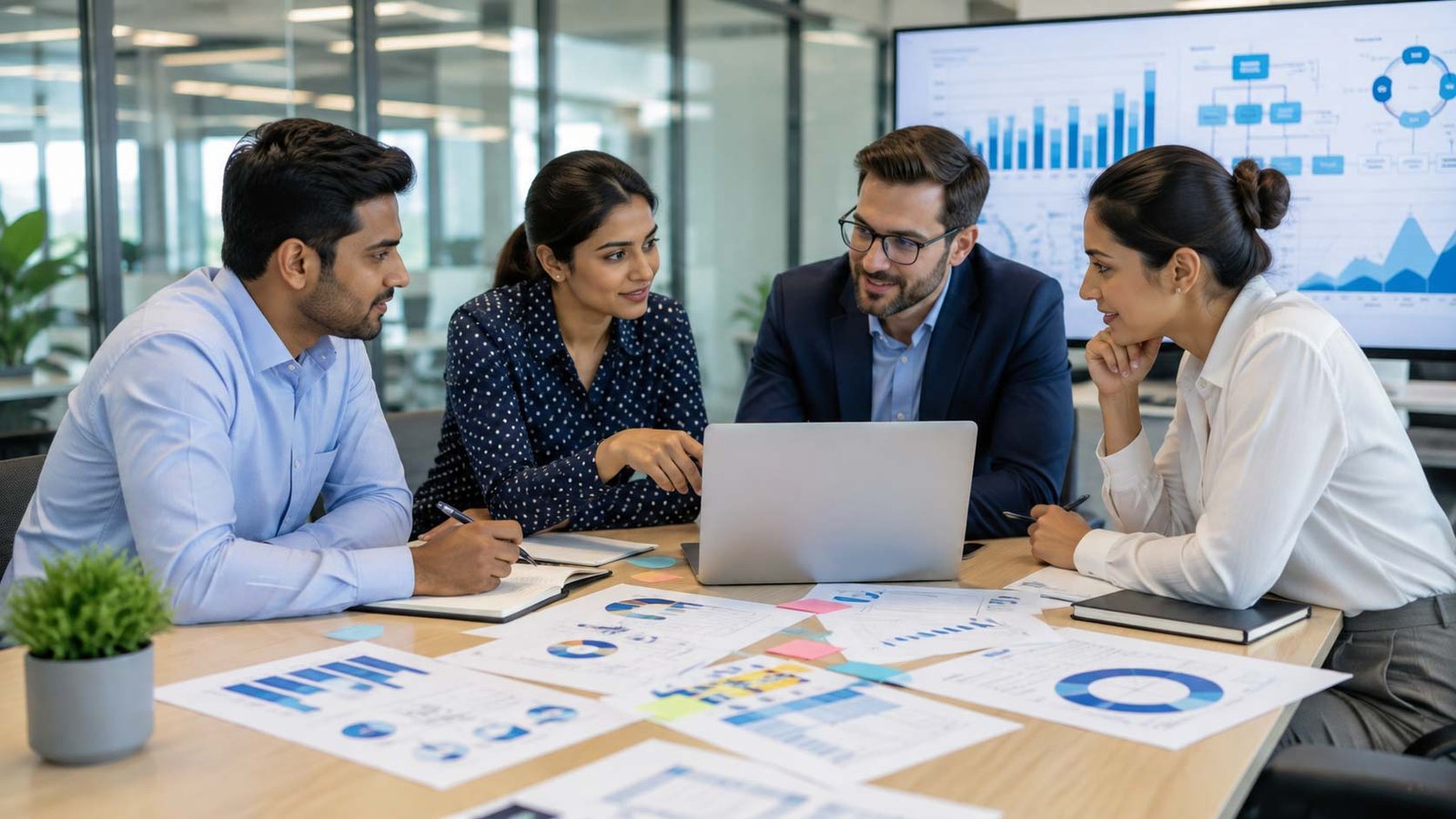 Business team reviewing growth strategy and operational priorities around a laptop and performance chart