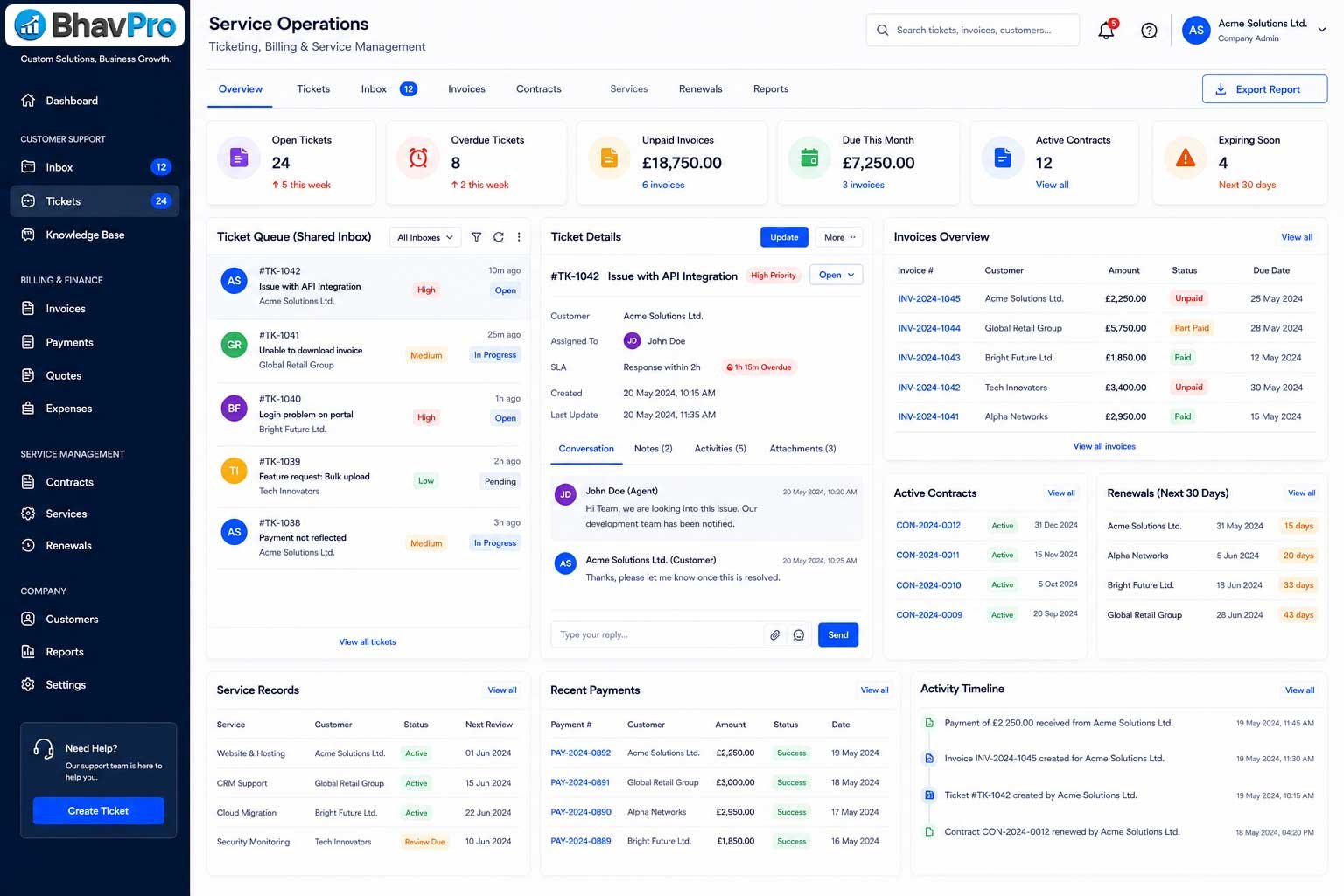 Custom ticketing, billing and service management software developed by BhavPro
