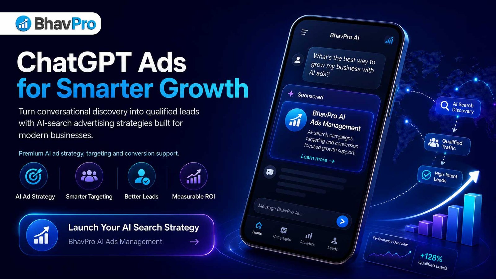 ChatGPT Ads Agency UK hero image showing BhavPro AI search advertising, sponsored conversational ads, smarter targeting, qualified leads and measurable ROI.