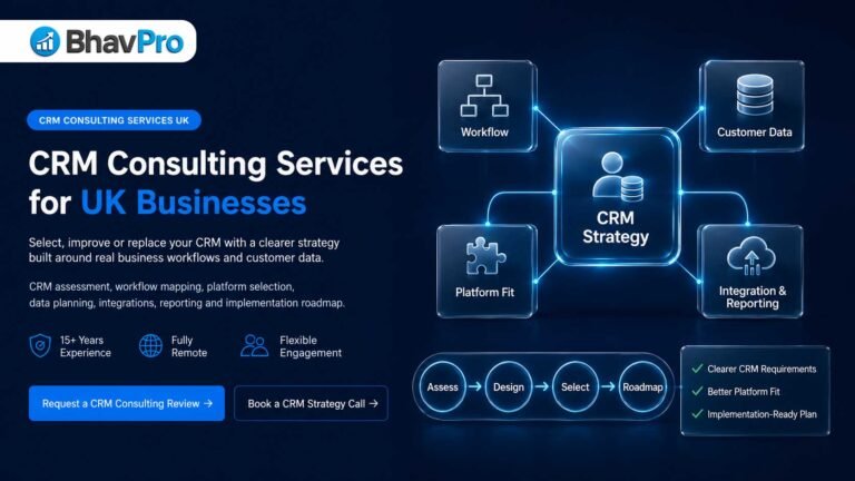BhavPro CRM Consulting Services UK hero image showing CRM strategy, workflow mapping, customer data, platform fit, integrations, reporting and implementation planning for UK businesses.