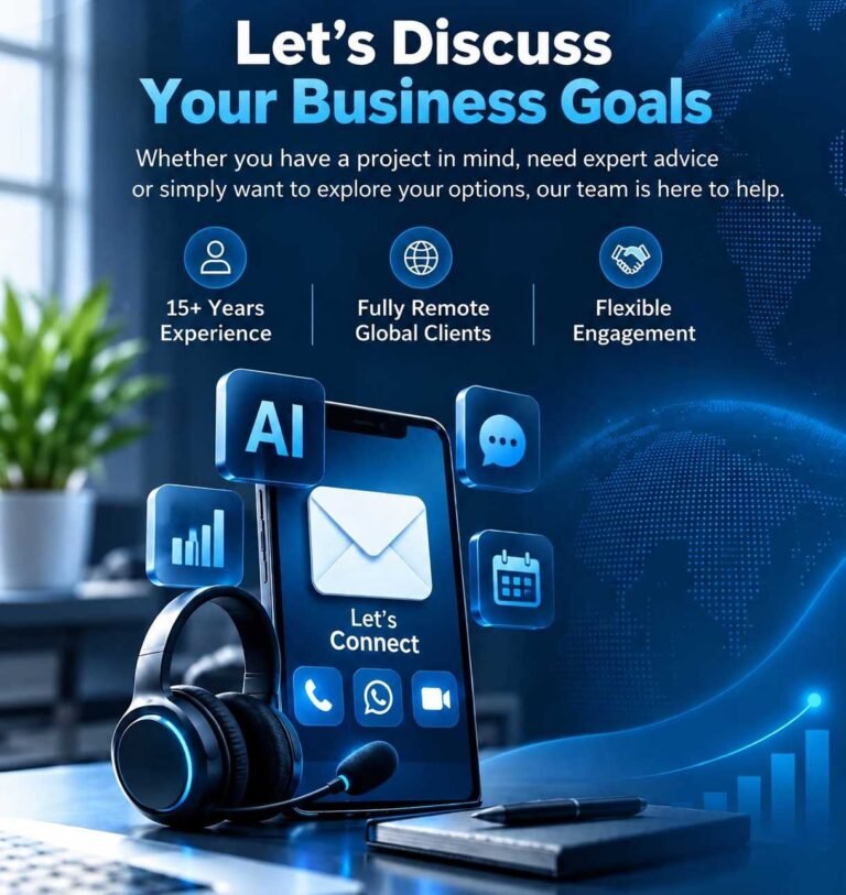 BhavPro contact hero image for AI, CRM, SEO and digital consulting services with digital communication icons and business growth visuals