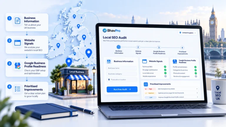 BhavPro local SEO audit tool illustration showing a UK business website, location signals and Google Business Profile readiness checks.