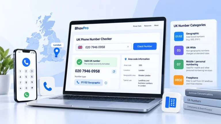 UK phone number checker interface showing telephone number format validation, number type classification and area-code information.